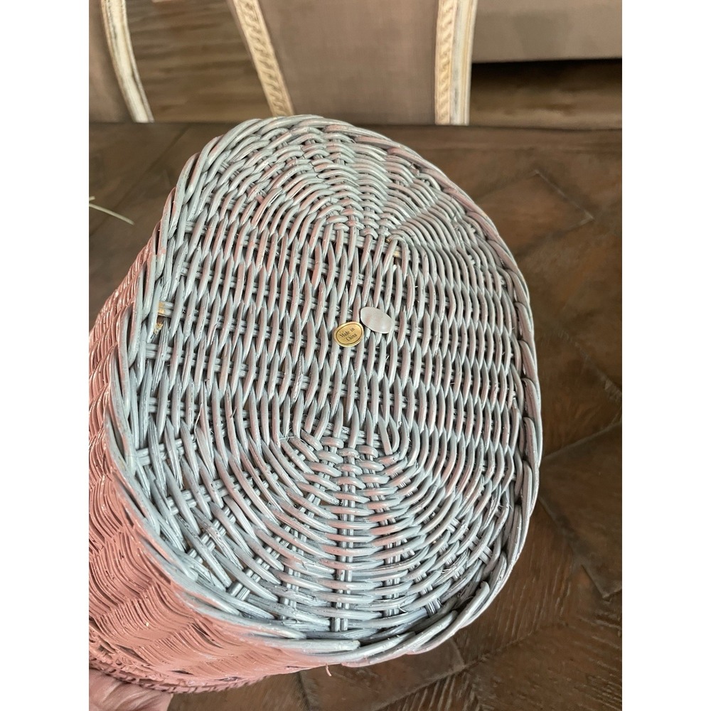 Vintage Pink Wicker Rattan Woven Waste Basket Trash Can Bin - Picture 10 of 11